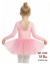 Long Sleeve Ballet Leotards for Girls Crisscross Back Dance Outfit 4-5T Pink