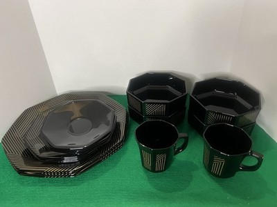 Vintage Octime Arcoroc Blk & Gold 18 Piece Dinnerware
