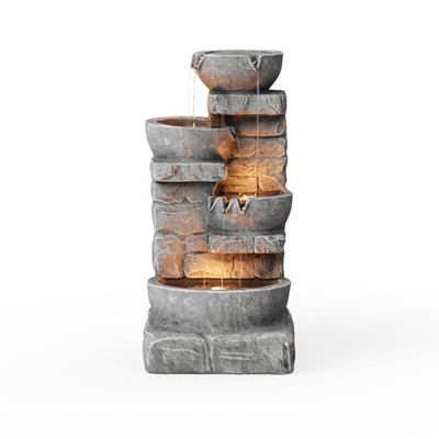 Outdoor 4 Tiered Bowls Floor Waterfall Fountain with Pump Gray