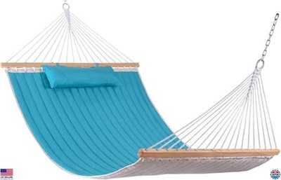 Lazy Daze 12FT Quilted Fabric Double Hammock with Pillow, 450lbs Capacity, Blue