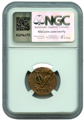 1734-1786 First New York Penny NGC Genuine NE Indies VOC Duit