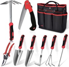 Red Gardening Tools, 9 Piece Stainless Steel Heavy Duty Garden Tools