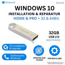 Windows 10 PRO HOME 32GB Philips Boot Stick Neuinstallation Reparatur 32 & 64Bit