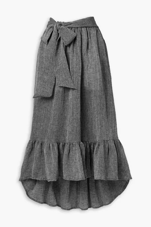 Lisa Marie Fernandez Midi Skirt Nicole Ruffled Linen Gauze Dip Hem Black 0 UK 6