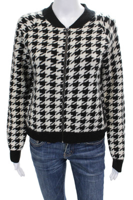Madeleine Thompson Womens Bomber Jacket Black Wool Cashmere Zip Check Size S