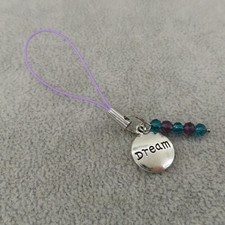 DREAM Cell Phone Charm Strap Antique Silver Tone Crystal Beads Purple Teal Bling