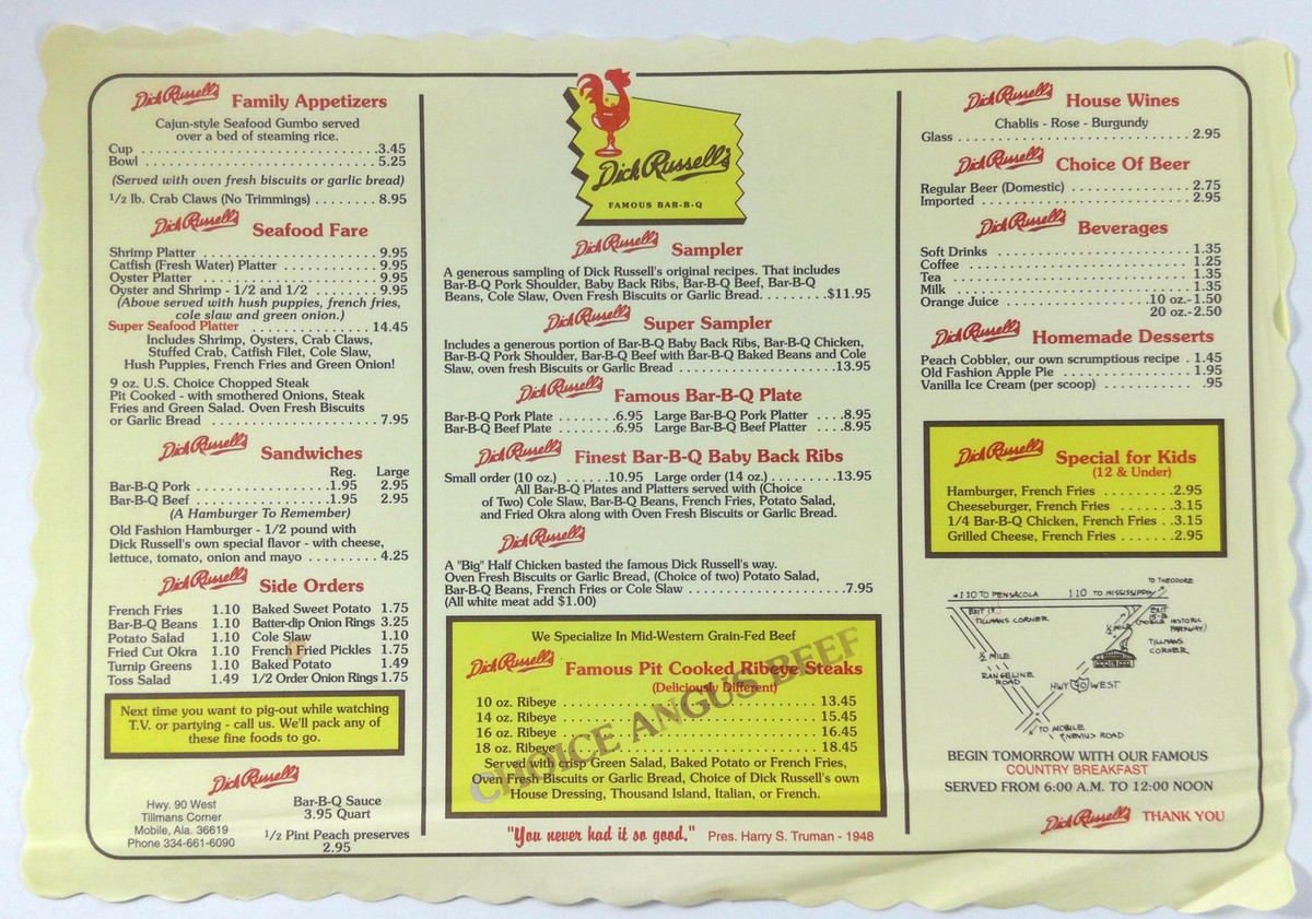 1980's DICK RUSSELL'S Famous Bar-B-Q Restaurant Mobile Alabama