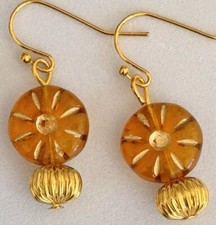 Etched Gold and Deep Golden Yellow Czech Bead Earrings.