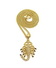Gold Plated Cubic Zirconia SCORPION Charm & Box Cuban Rope Brass Chain Necklace