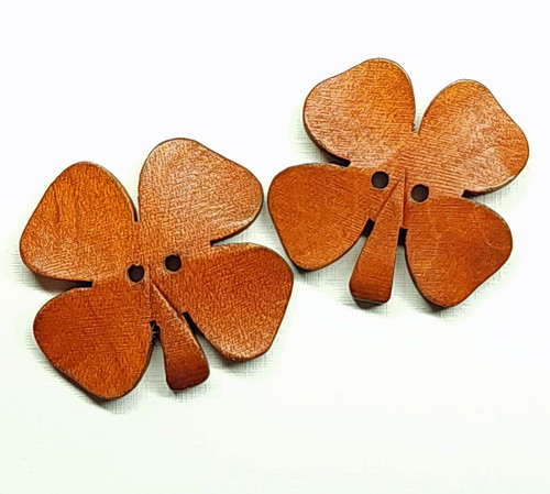 2 Large Vintage Carved Wood Realistic 4 Leaf Clover Buttons ~ just over 1-1/4"