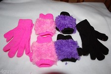 Girls 2 PAIR LOT Knit Gloves w/ Furry Glove Covers PINK BLACK PURPLE One Size