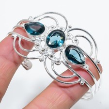 London Blue Topaz Gemstone 925 Sterling Silver Jewelry Adjustable Cuff Bracelet