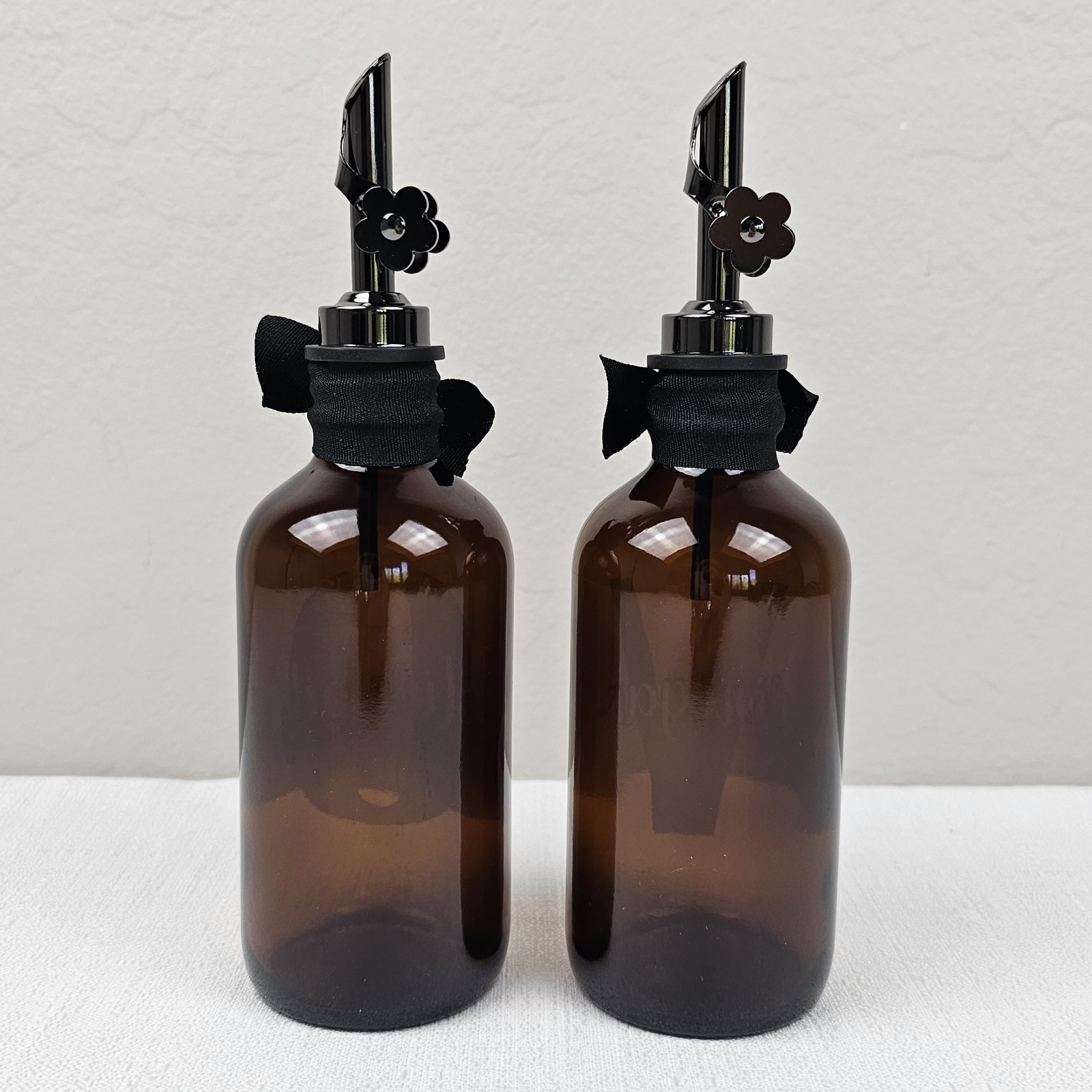 Olive Oil and Vinegar Dispenser Set 8 oz Amber Glass Bottles Upcycled Etched