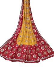 Vintage Yellow  Maroon Georgette Dupatta: Hand Embroidered Indian Scarf LD7254