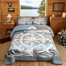 Nautical Anchor Comforter Set, Ocean Compass Bedding Set Queen Size for Boys ...
