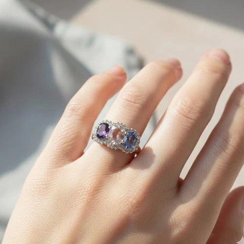 Luminous Peach Sapphire Spinel Oval 5.45Ct 925 Sterling Silver Three Stone Rings