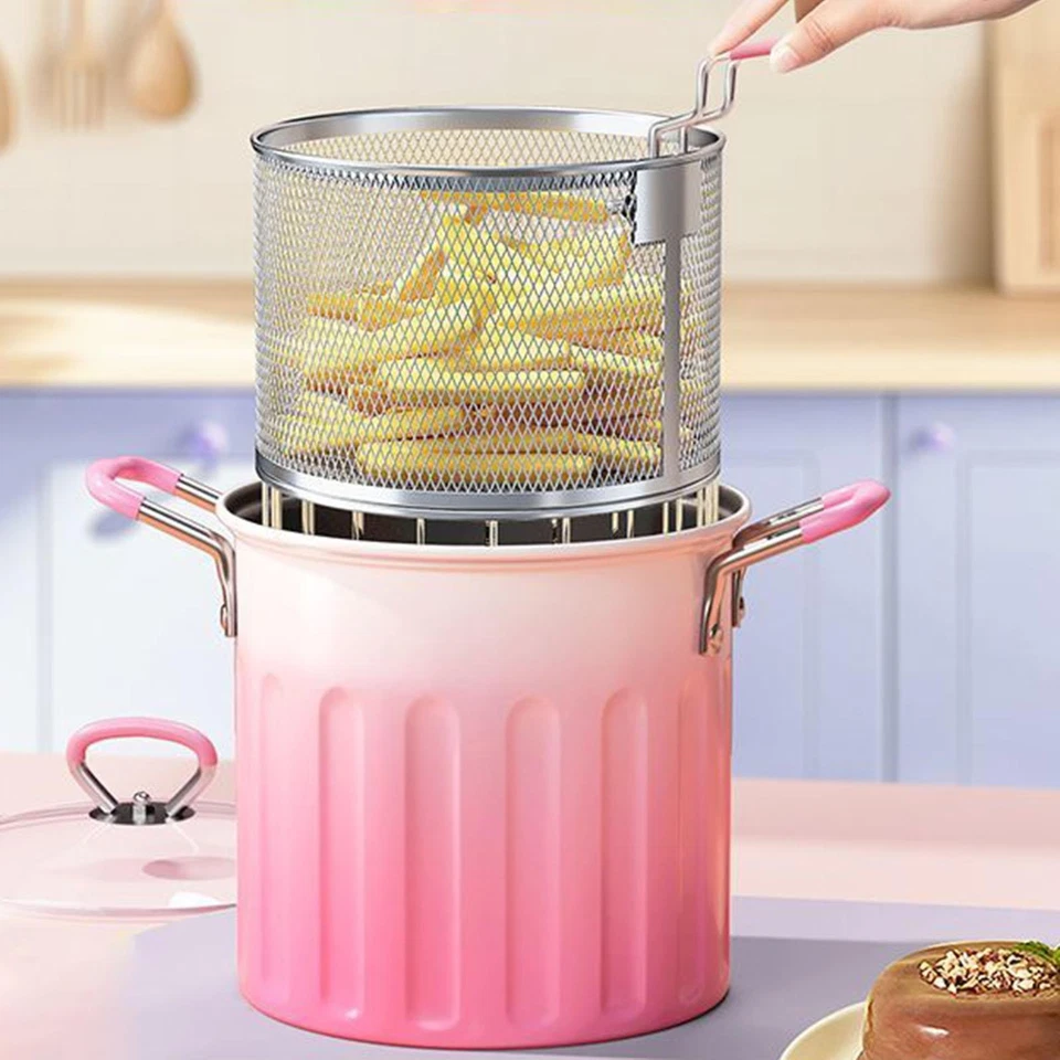 Deep Frying Pot with Frying Basket Glass Lid Multifunction French Fries Cooker