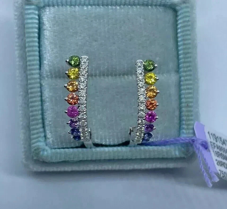 Lab Created Multicolor Diamond Hoop Earrings 2Ct Round Cut 14K White Gold Plated - Image 2 of 4