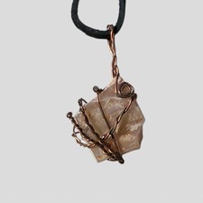 Raw Crystal Pendant Necklace Copper Wire Wrapped Stone 18" Cord Boho Natural