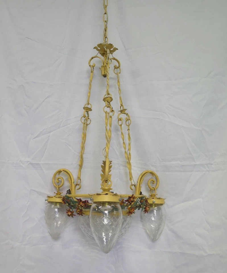 Lustre Style Floréal Art Nouveau En Fer Forgé Vintage Fleurs Verre B28 - Photo 1/4