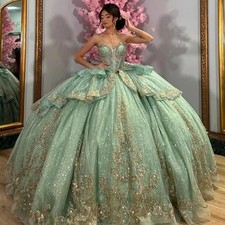 Sage Green Quinceneara Dresses Shiny Crystals Appliques Prom Ball Gowns Sweet 16