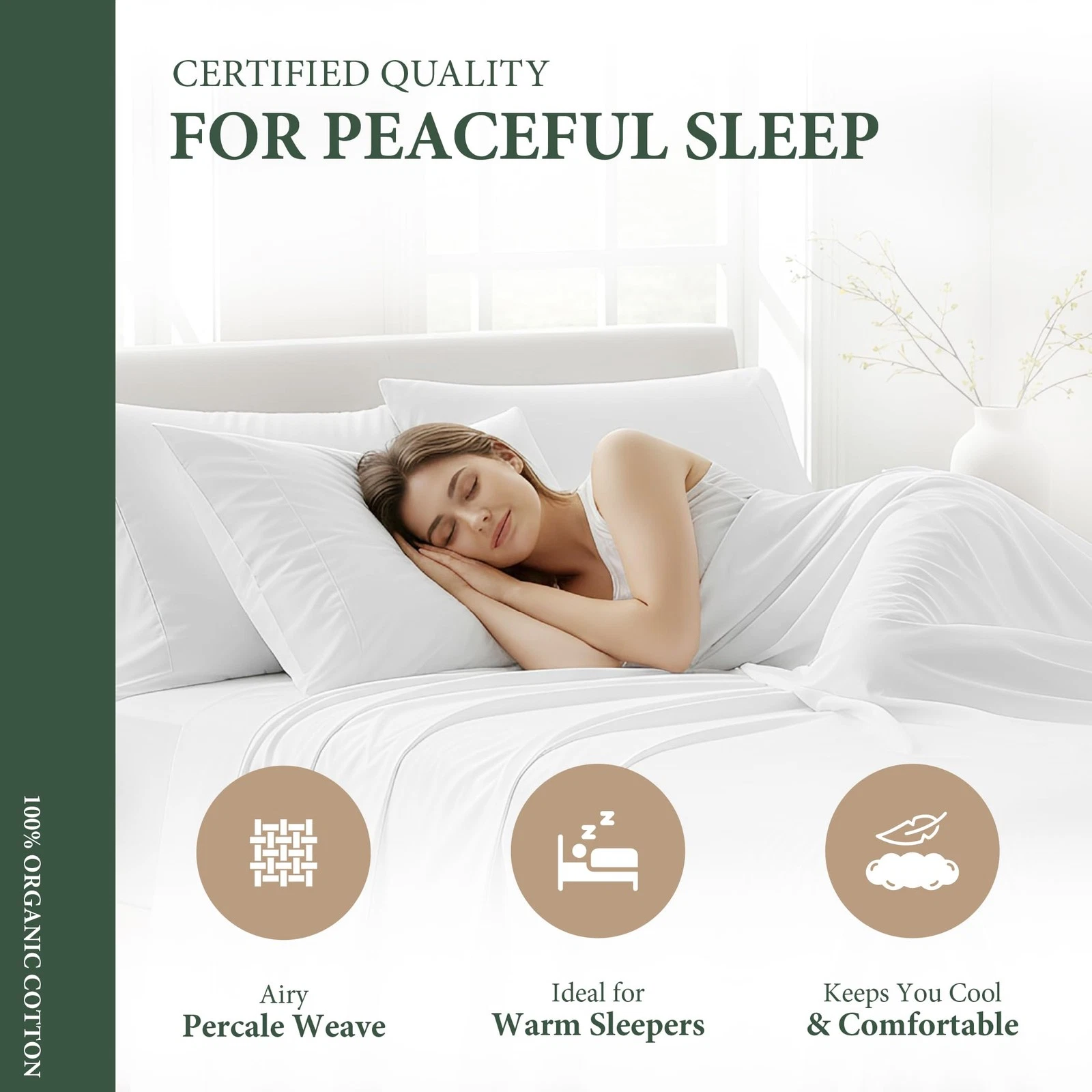 Ashton Sheets 100% Organic Cotton Sheets Queen Size - 4 PC Organic Cotton Queen Size Percale Weave Sheet Set, Soft, Cooling, Crisp & Breathable, 16" Deep Pocket Hotel Quality Bedding Set - White - Thumbnail 5