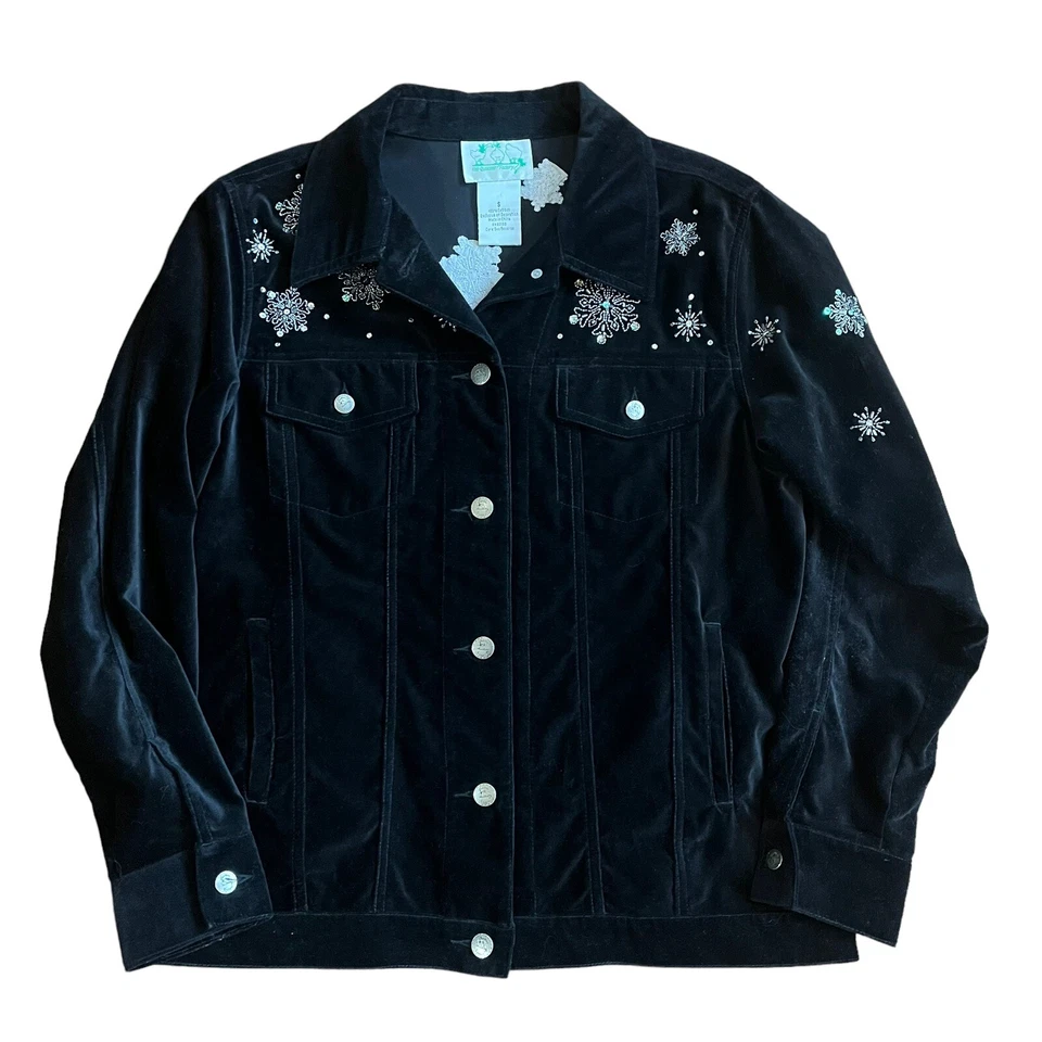 Quacker Factory Velvet Snowman Jacket Size Small Black Capture the Magic Holiday - Image 2 of 4