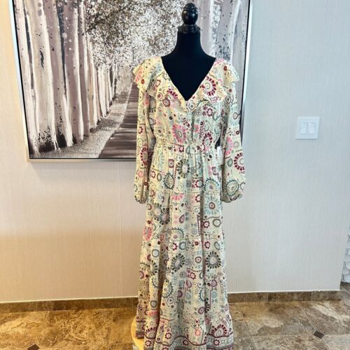 Anthropologie Boemo Women's Boho Tiered Ruffle Neck Long Sleeve dress NWT - L