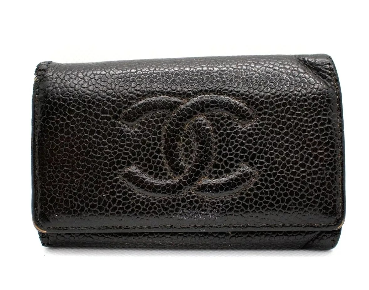 AUTHENTIC CHANEL CAVIAR SKIN CC LOGO KEY CASE HOLDER WALLET BLACK PURSE  LEATHER