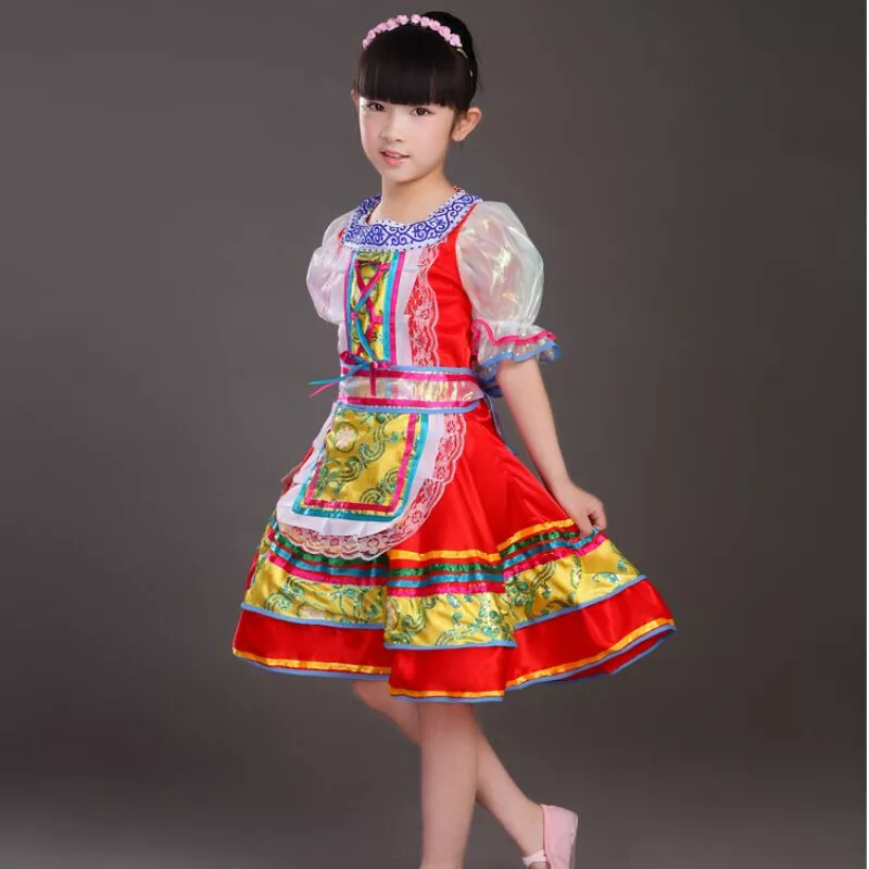Girl Ethnic Folk Dress Costume Slim Russian Traditional Short