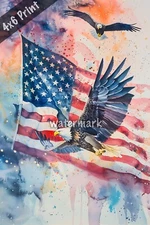 USA flag in mid-wave with an eagle soaring above water Art 4x6 Print