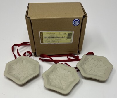 Brand New Longaberger Set Of 3 Ceramic Snowflake Ornaments And Cookie Molds 
