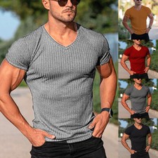 Men V Neck Short Sleeve Top T Shirt Slim Fit Stretch Sport Gym Muscle Tee