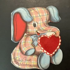 Vtg Valentine Card Cute Stuffed Plaid Elephant Flocked Heart Baby’s First WHIT.