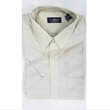 Club Room Men Button Front Dress Shirt Neck 15 Khaki Solid Cotton Short Sleeve