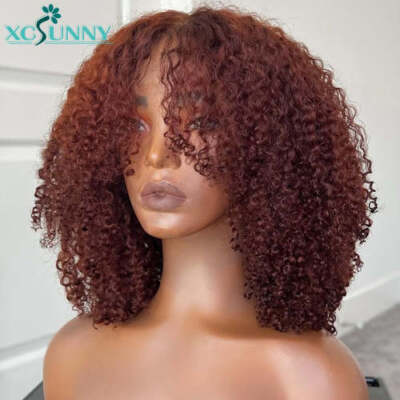 Reddish Brown Human Hair Wig Natural Afro Kinky Curly Full Head Wig No  Partting