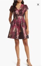 Vince Camuto Women Pink V-Neck Metallic Jacquard Fit & Flare Dress Size 10