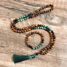 108 Mala Kette + Armband – Gelbes Tigerauge Onyx Türkis – Yoga Meditation