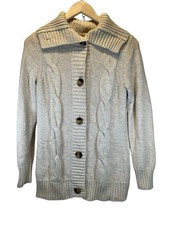 VTG Y2K Cable Knit Cardigan Sweater Womens Small Beige Fisherman Grandpa GH Bass