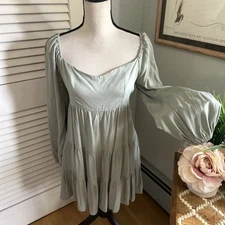 SHINESTAR Dress Womens Medium Sage Green Babydoll Milkmaid Balloon Sleeve Retro