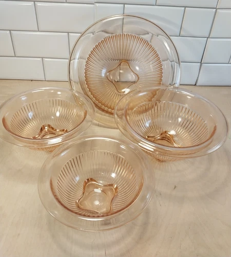 Hazel Atlas Ribbed Rolled Edge Pink Depression Glass Nesting Bowls ~ 4 pc ~ Vtg
