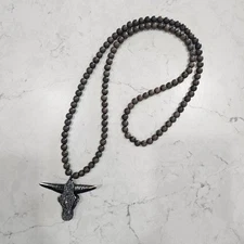 Rhinestone Bull Head Pendant Necklace Dark Brown Beads Long 20" Bohemian Style