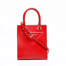 PRADA Leather Triangle Logo Embossed Leather Mini Tote 2-Way Handbag Red  WS...