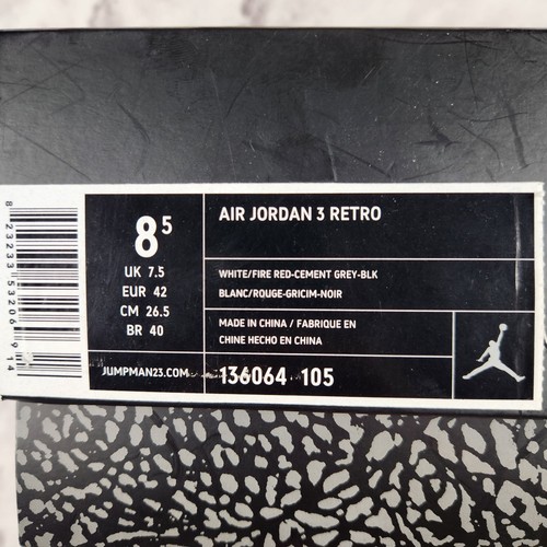 Nike Air Jordan 3 Retro "White Cement" Sneakers 136064-105 Taglia 8,5 - 2011 - Foto 12 di 12