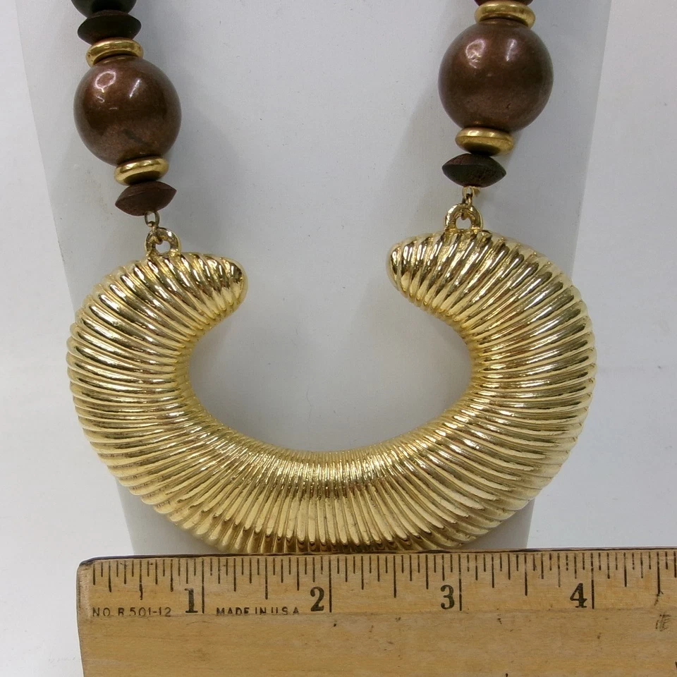 Collar llamativo vintage colgante de oro cuentas de madera audaz boho chic joyería Foto 2 de 4