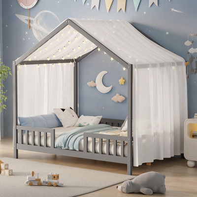 Grey Full Size Bed Frame w/ Canopy & Rails, Montessori Kids House Bed