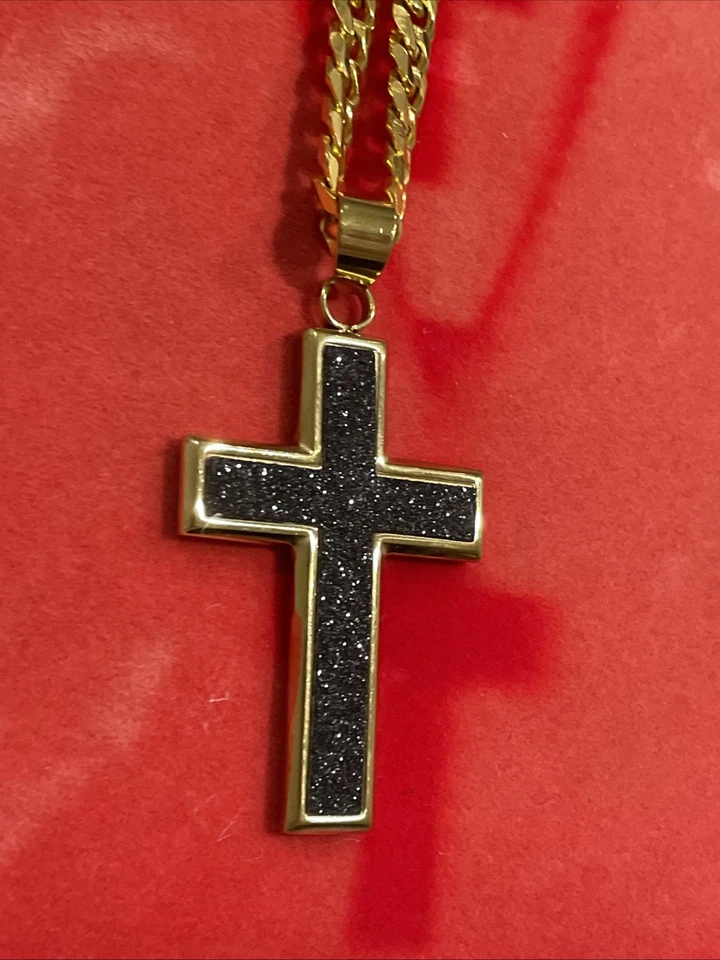 Collar de acero inoxidable para hombre tamaño 15 pulgadas tono dorado cruz circonita cadena colgante! Foto 3 de 4