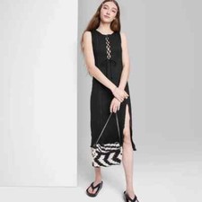 New Wild Fable Dress XS Women's Black Midi Length Lace Up Front Mid Thigh Slit
