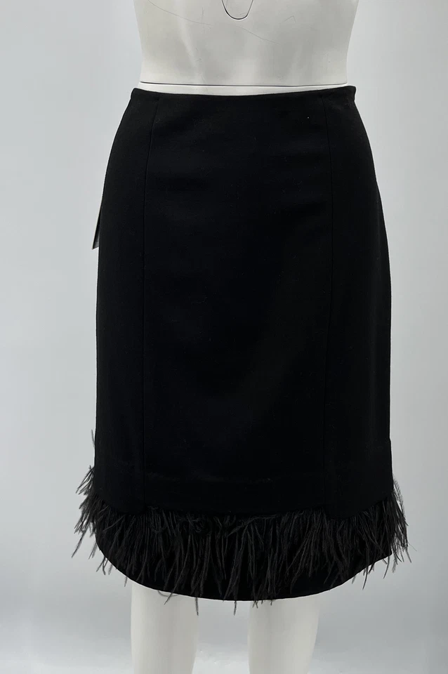 Falda recta Teri Jon Sportswear negra mezcla de lana con ribete de plumas talla 8 nueva con etiquetas