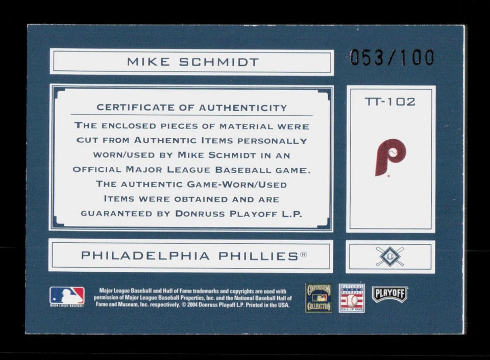 2004 Playoff Absolute Memorabilia #TT-102 Mike Schmidt Triple Relic /100 - Image 2 of 2